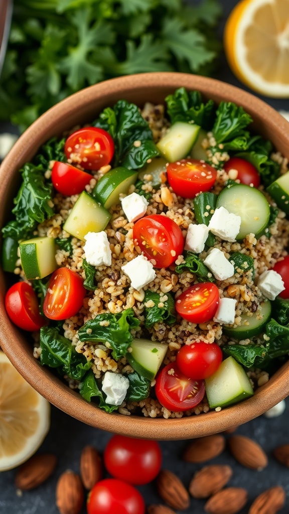 A colorful quinoa and kale salad with cherry tomatoes, cucumber, and feta cheese in a rustic bowl.
